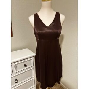 Jacob Brown Satin V-Neck‎ Empire Waist Mini Dress Size 5 90s Vintage Style